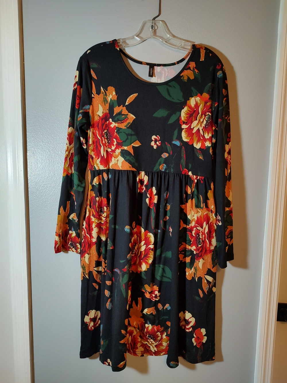 Black Floral Long-Sleeve Swing Dress with Orange Blooms